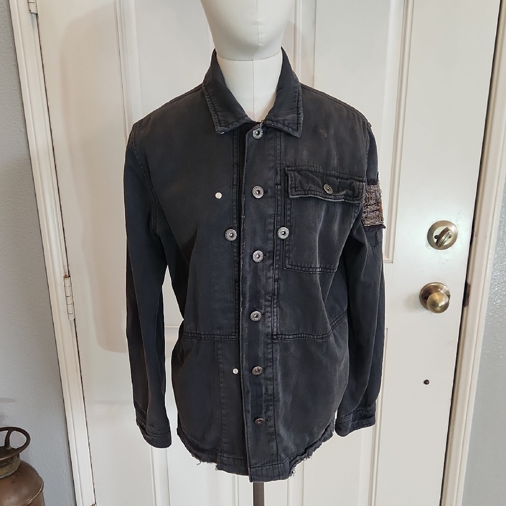 Free People Embellished Military Utilitarian Denim Jacket.